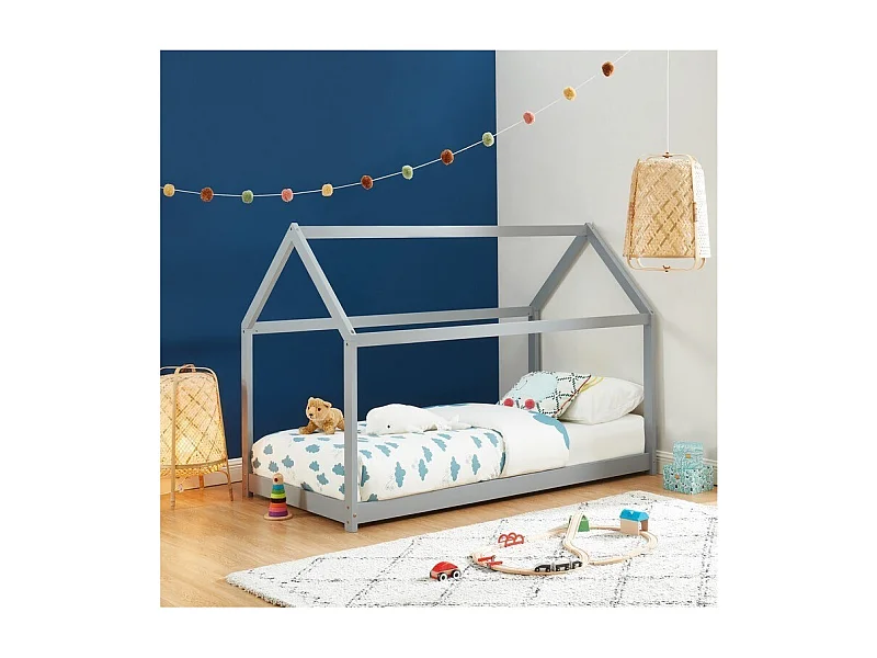 Lit enfant cabane TINY pin massif gris 90x190 sommier inclus