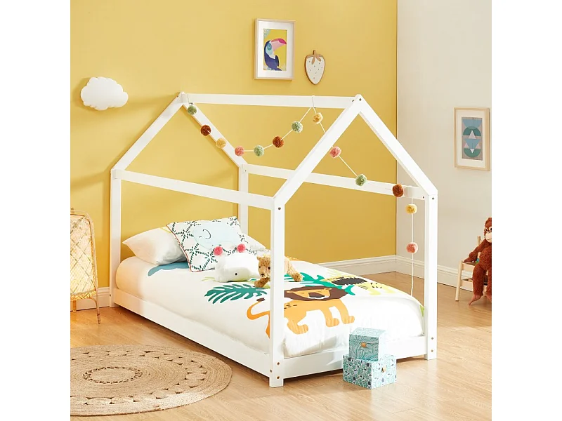 Lit enfant cabane TINY pin massif blanc90x190 sommier inclus