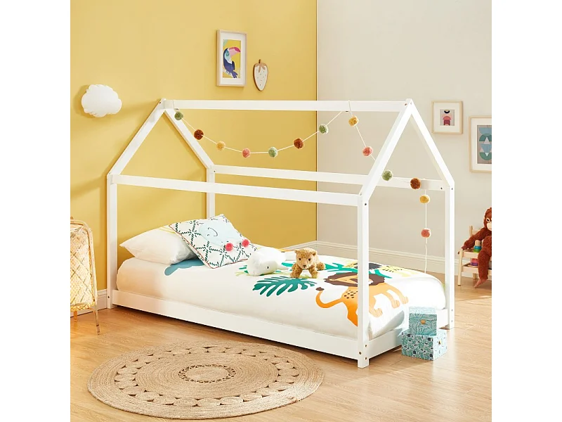 Lit enfant cabane TINY pin massif blanc90x190 sommier inclus