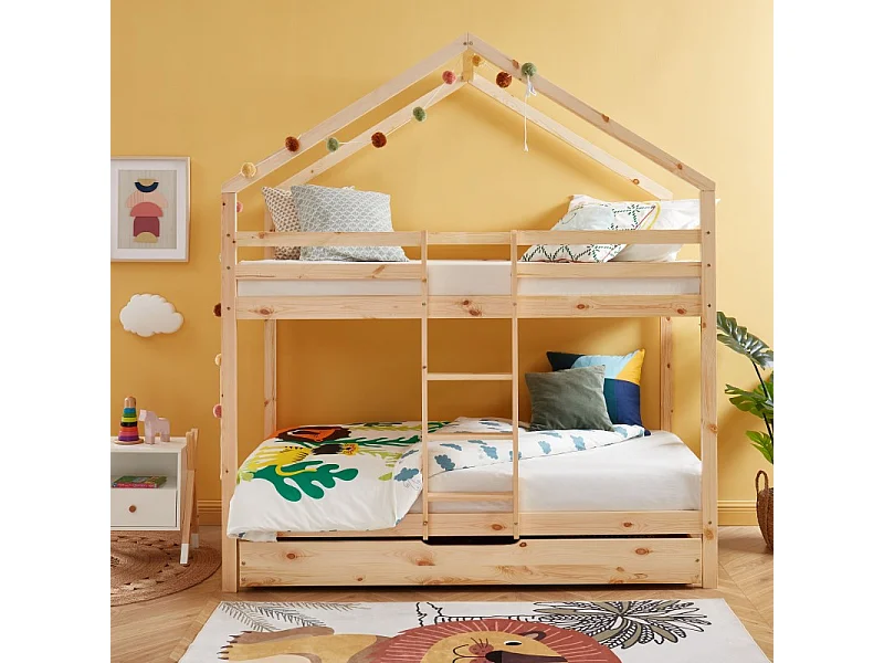 Lit cabane superposé TINY pin massif 90x190 sommier inclus