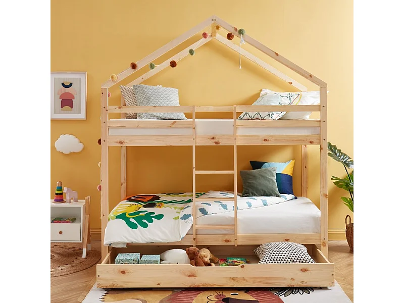 Lit cabane superposé TINY pin massif 90x190 sommier inclus