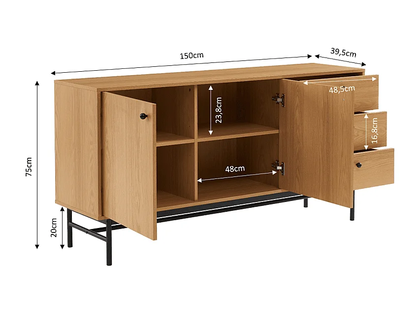 Buffet bas JAMES effet chêne 150cm