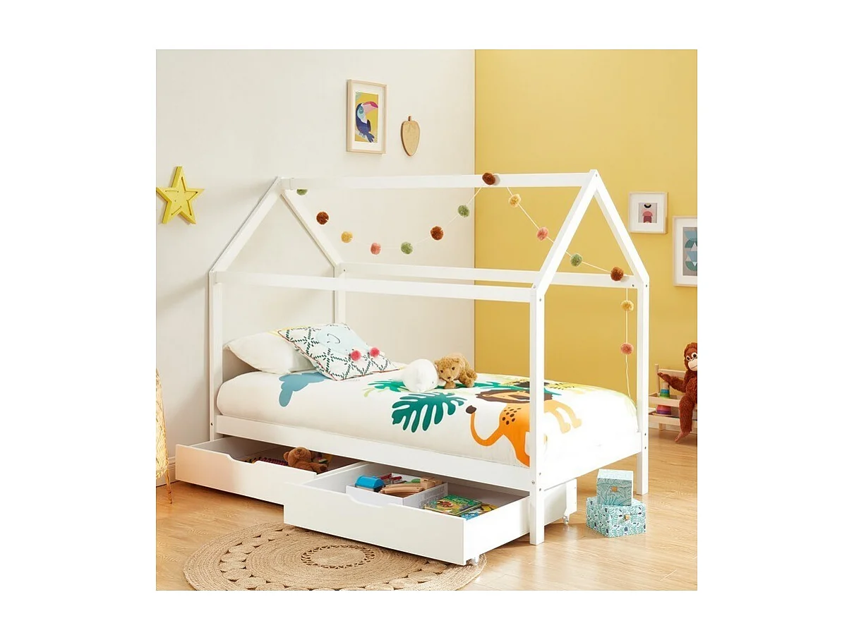Lit cabane avec tiroirs TINY pin massif blanc  90x190 sommier inclus