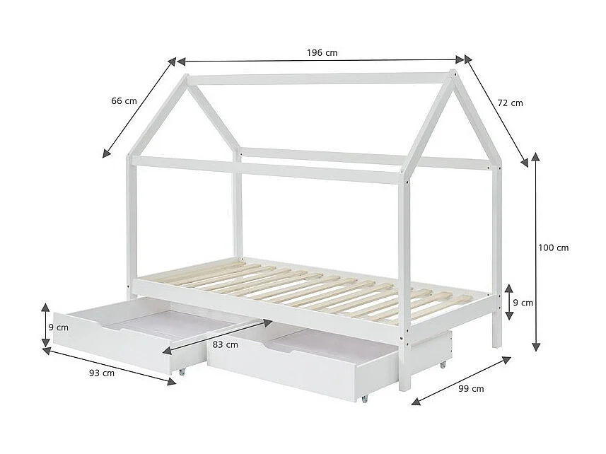 Lit cabane avec tiroirs TINY pin massif blanc  90x190 sommier inclus