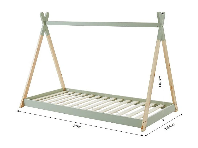 Lit enfant tipi TINY vert et pin massif 90x190 sommier inclus