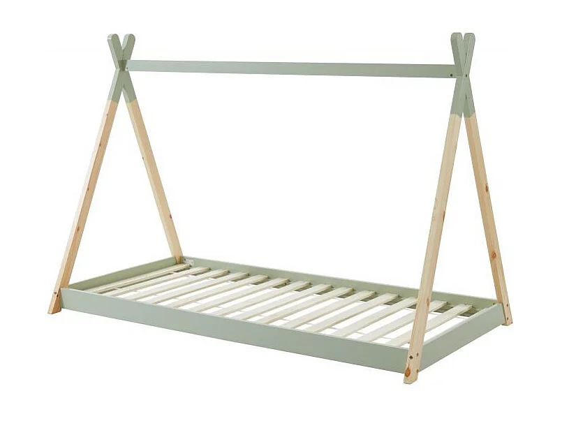 Lit enfant tipi TINY vert et pin massif 90x190 sommier inclus
