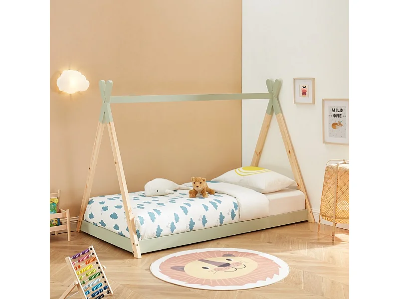 Lit enfant tipi TINY vert et pin massif 90x190 sommier inclus