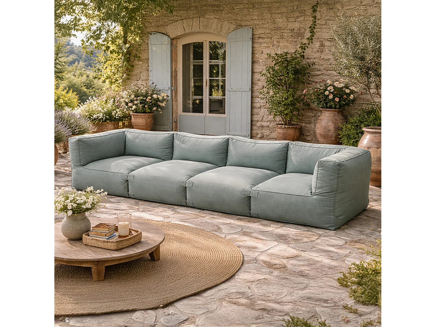 Salon de jardin modulable 4 places vert en tissu déperlant PRAIANO