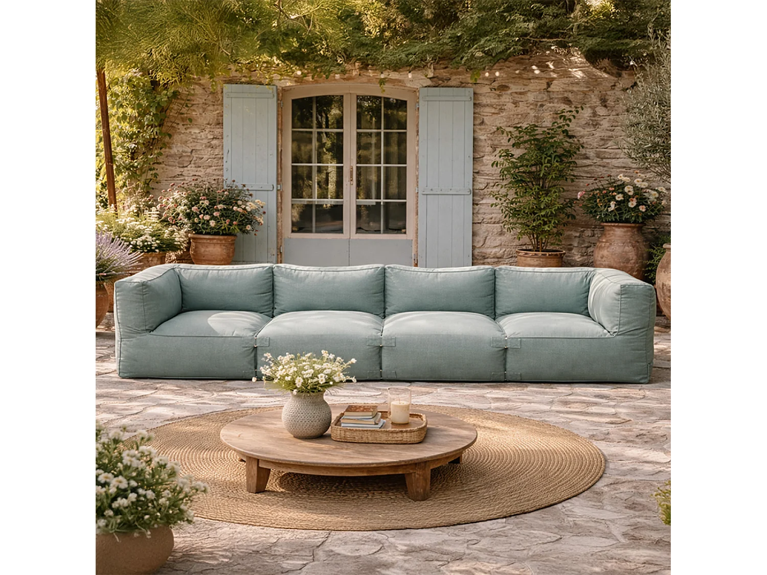 Salon de jardin modulable 4 places vert en tissu déperlant PRAIANO