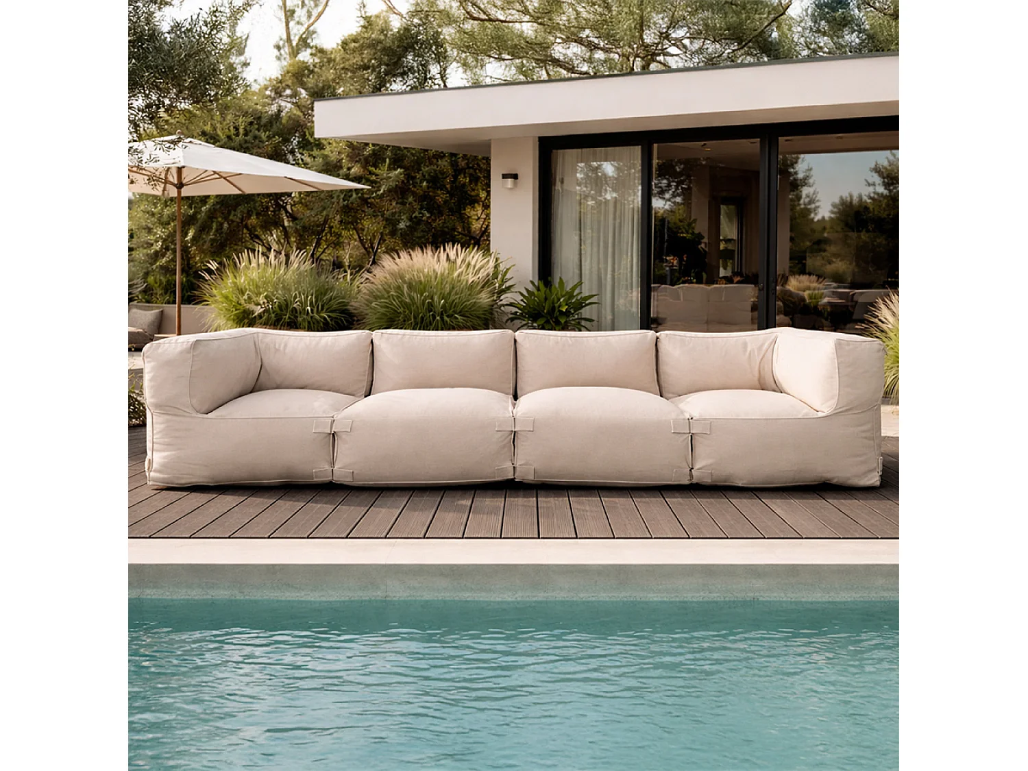 Salon de jardin modulable 4 places beige en tissu déperlant PRAIANO