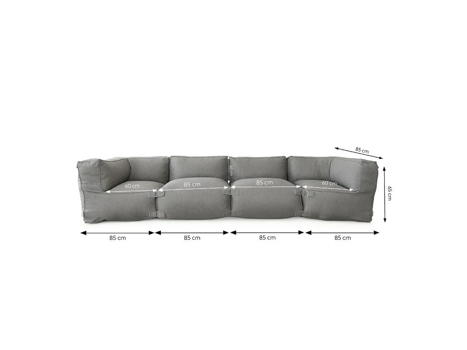 Salon de jardin modulable 4 places gris en tissu déperlant PRAIANO