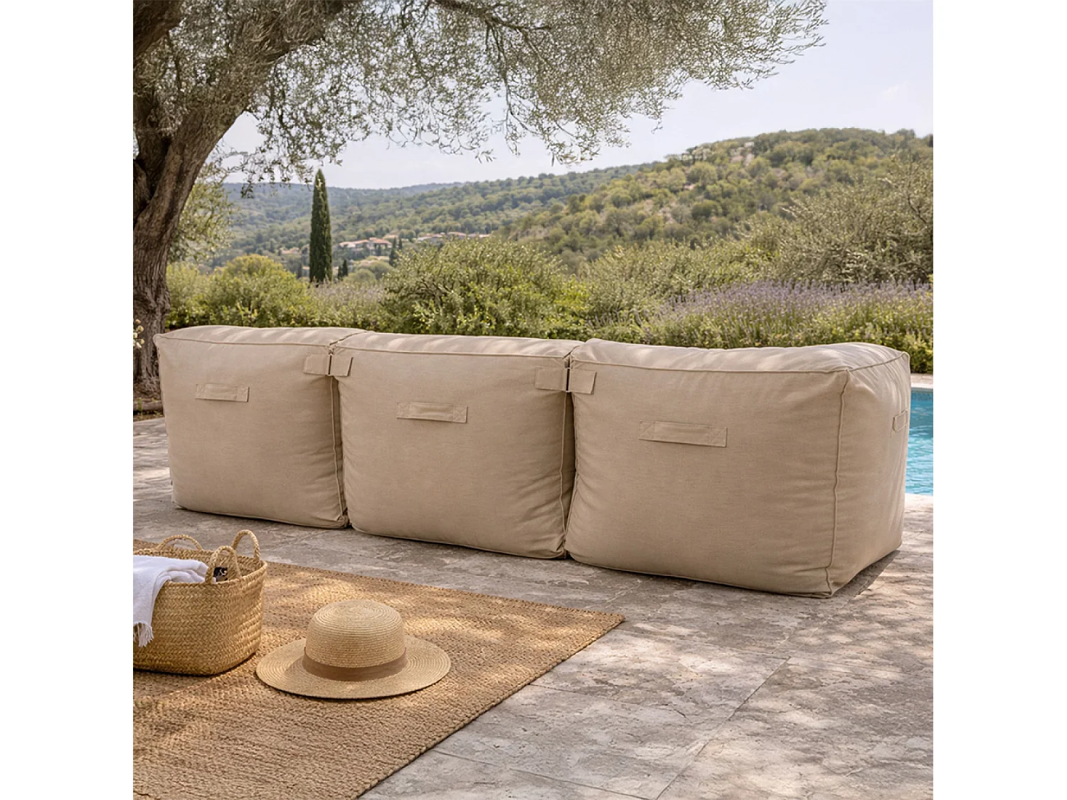 Salon de jardin modulable 3 places beige en tissu déperlant PRAIANO