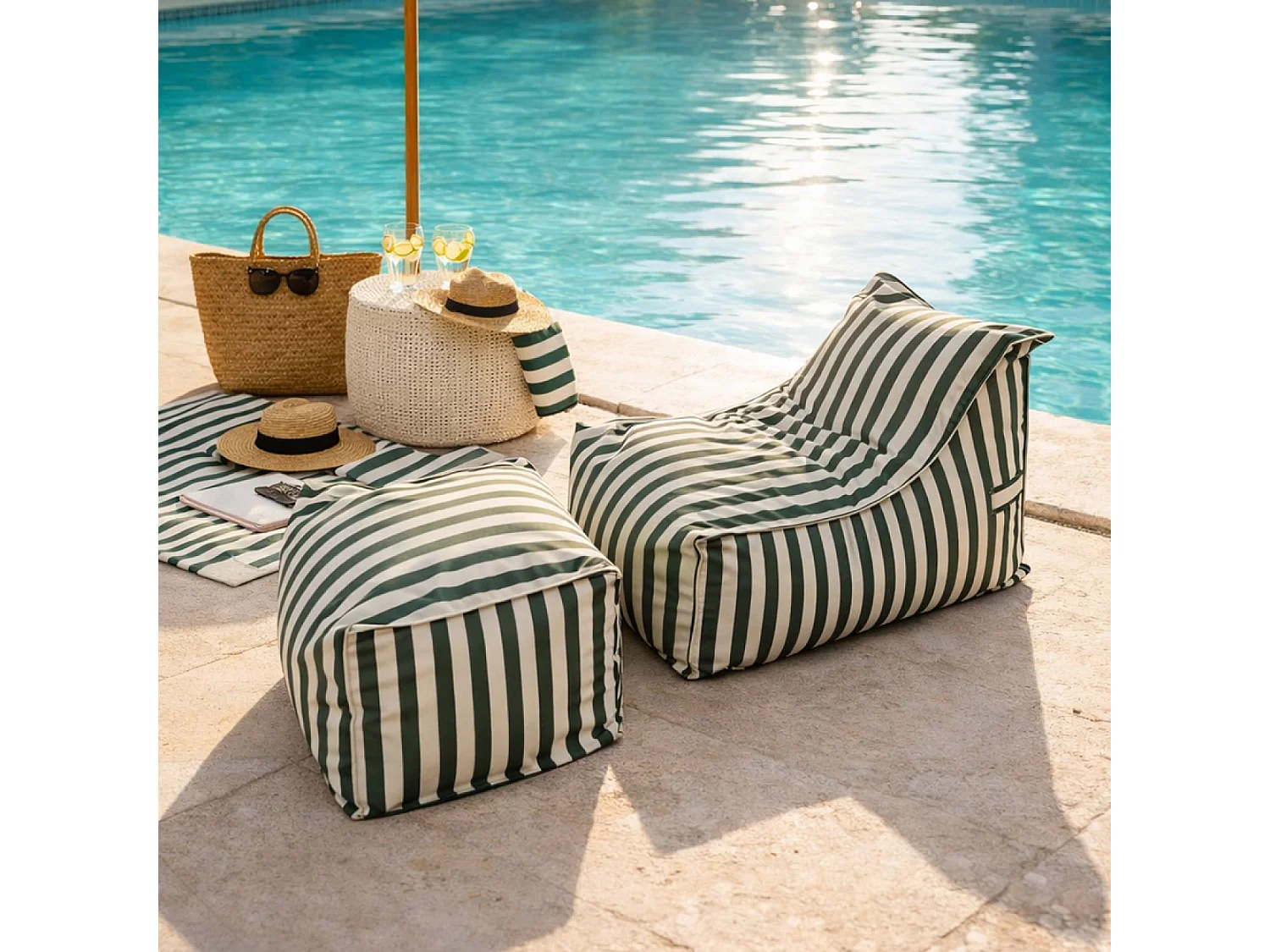 Ensemble de poufs exterieur rayés vert déperlant POSITANO