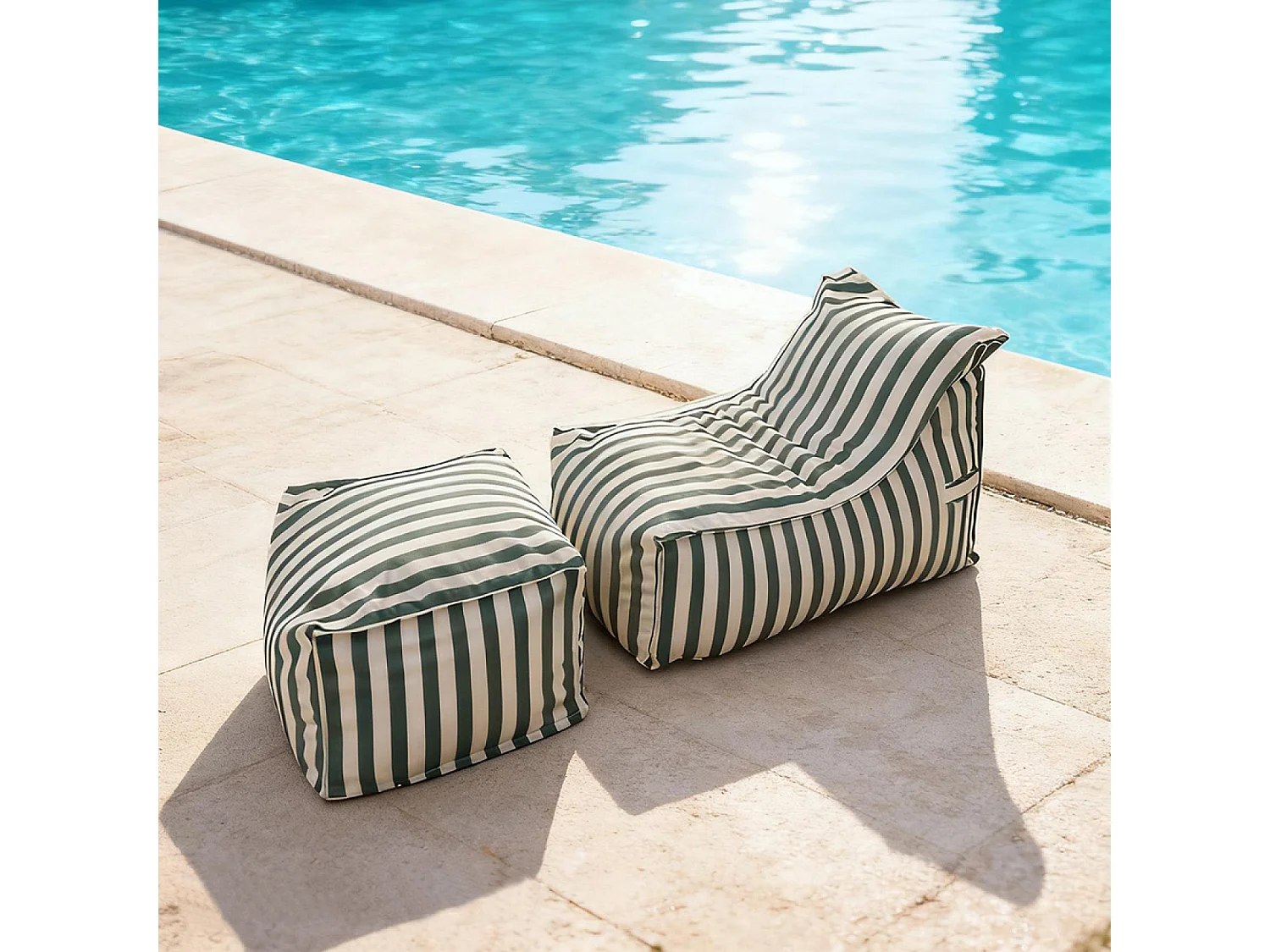 Ensemble de poufs exterieur rayés vert déperlant POSITANO
