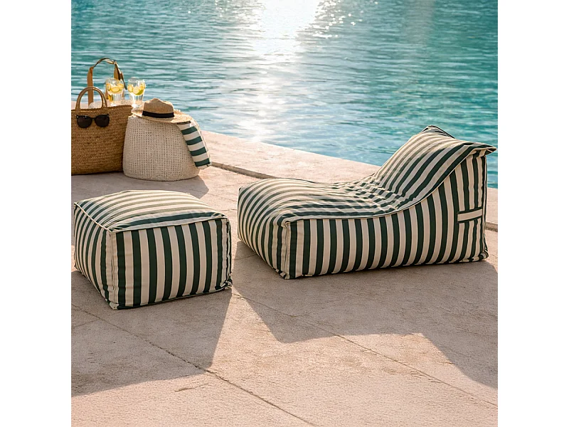 Ensemble de poufs exterieur rayés vert déperlant POSITANO