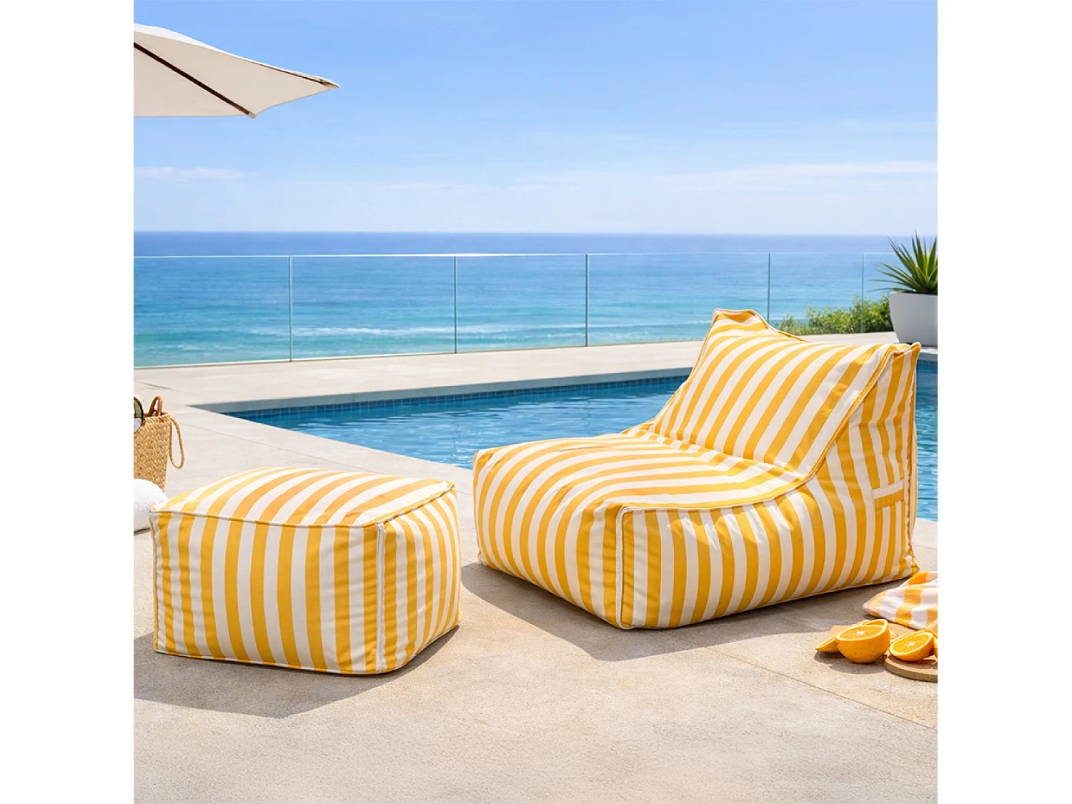 Ensemble de poufs d’extérieur rayés jaune déperlant POSITANO