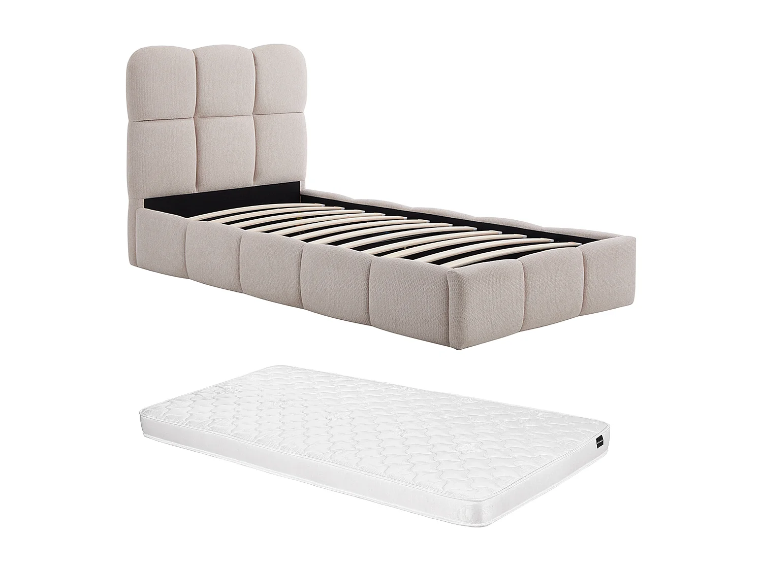 Lit coffre 90 x 190 cm – Tissu texturé – Beige + Matelas – DILUDO