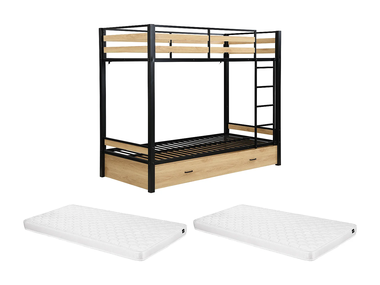 Lits superposés 2 x 90 x 190 cm - 1 tiroir - Métal et MDF - Coloris : Naturel et noir + Matelas - CASIDIA
