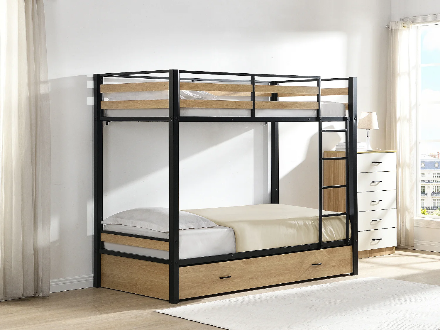 Lits superposés 2 x 90 x 190 cm - 1 tiroir - Métal et MDF - Coloris : Naturel et noir + Matelas - CASIDIA