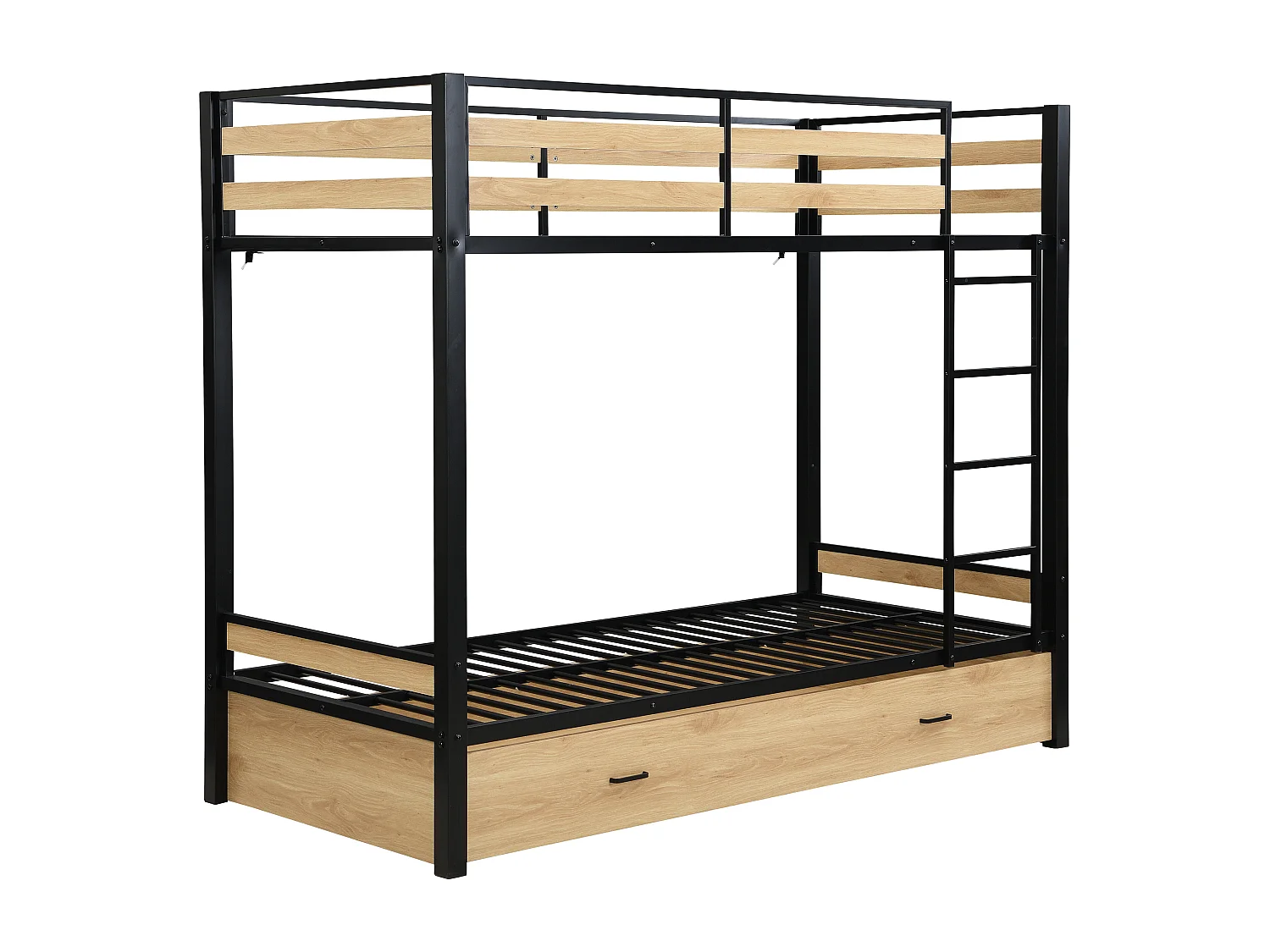 Lits superposés 2 x 90 x 190 cm - 1 tiroir - Métal et MDF - Coloris : Naturel et noir + Matelas - CASIDIA