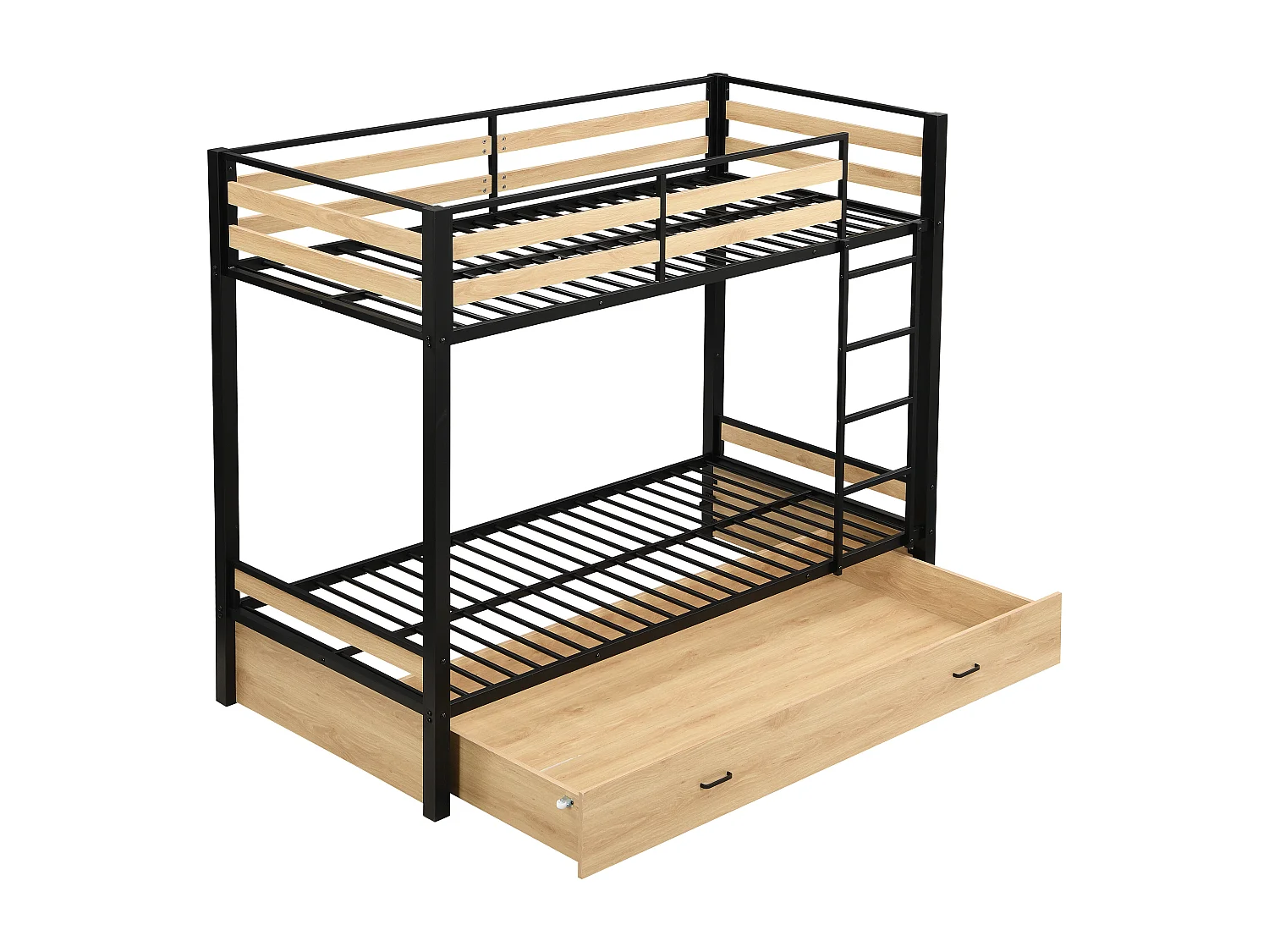 Lits superposés 2 x 90 x 190 cm - 1 tiroir - Métal et MDF - Coloris : Naturel et noir + Matelas - CASIDIA