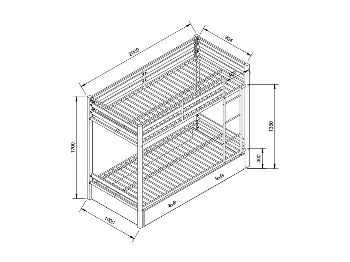 Lits superposés 2 x 90 x 190 cm - 1 tiroir - Métal et MDF - Coloris : Naturel et noir + Matelas - CASIDIA