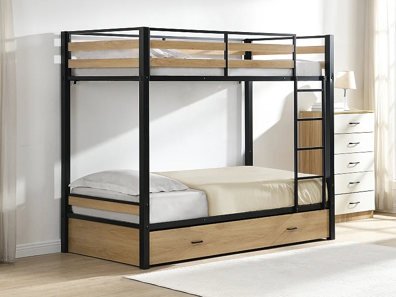 Lits superposés 2 x 90 x 190 cm - 1 tiroir - Métal et MDF - Coloris : Naturel et noir + Matelas - CASIDIA