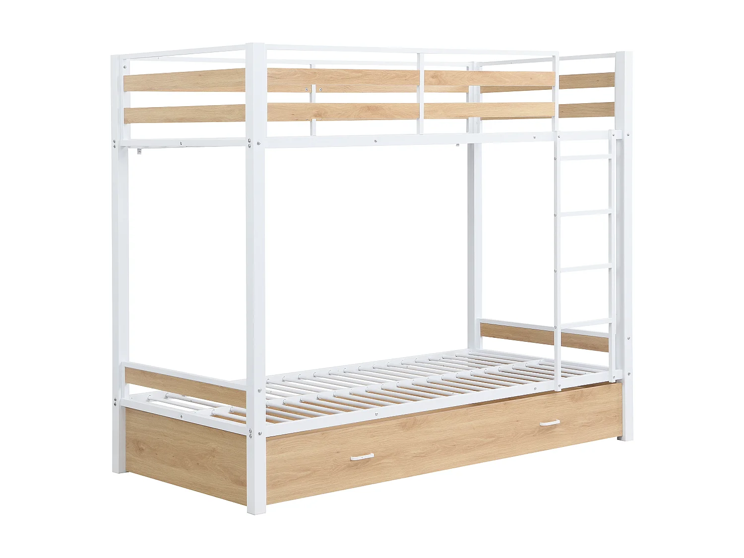 Lits superposés 2 x 90 x 190 cm - 1 tiroir - Métal et MDF - Coloris : Naturel et blanc + Matelas - CASIDIA