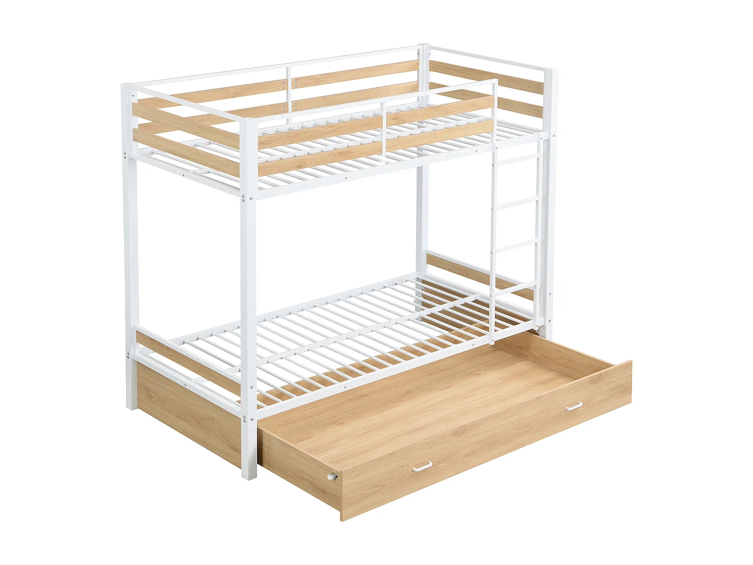 Lits superposés 2 x 90 x 190 cm - 1 tiroir - Métal et MDF - Coloris : Naturel et blanc + Matelas - CASIDIA