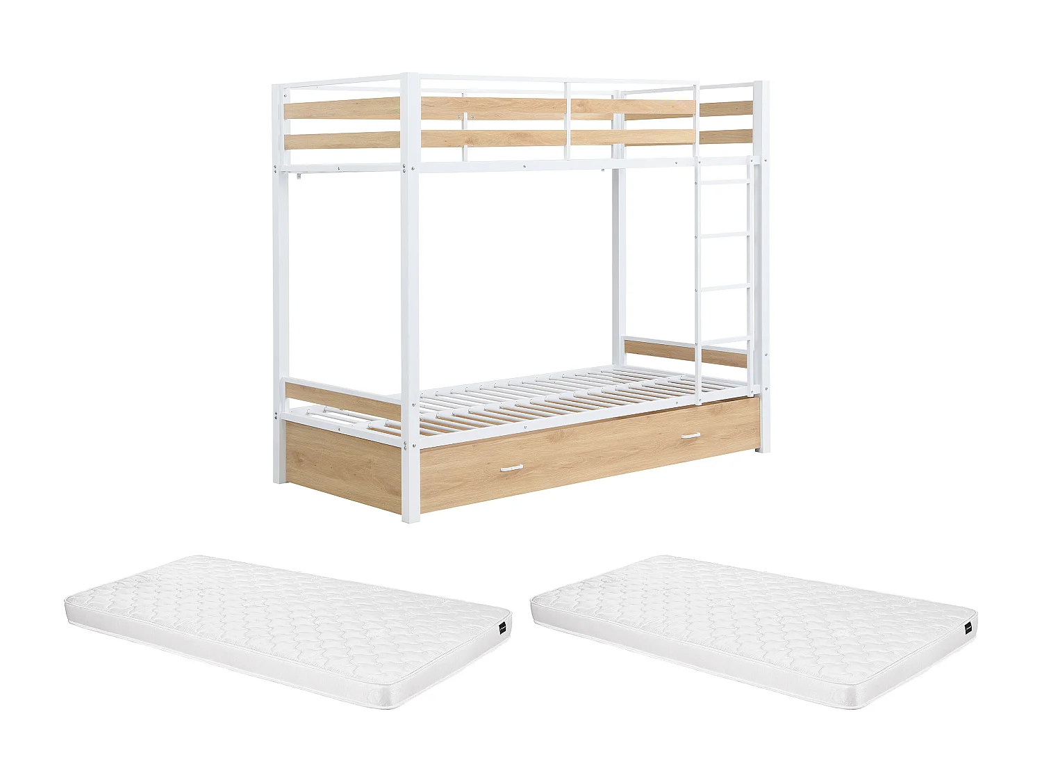 Lits superposés 2 x 90 x 190 cm - 1 tiroir - Métal et MDF - Coloris : Naturel et blanc + Matelas - CASIDIA