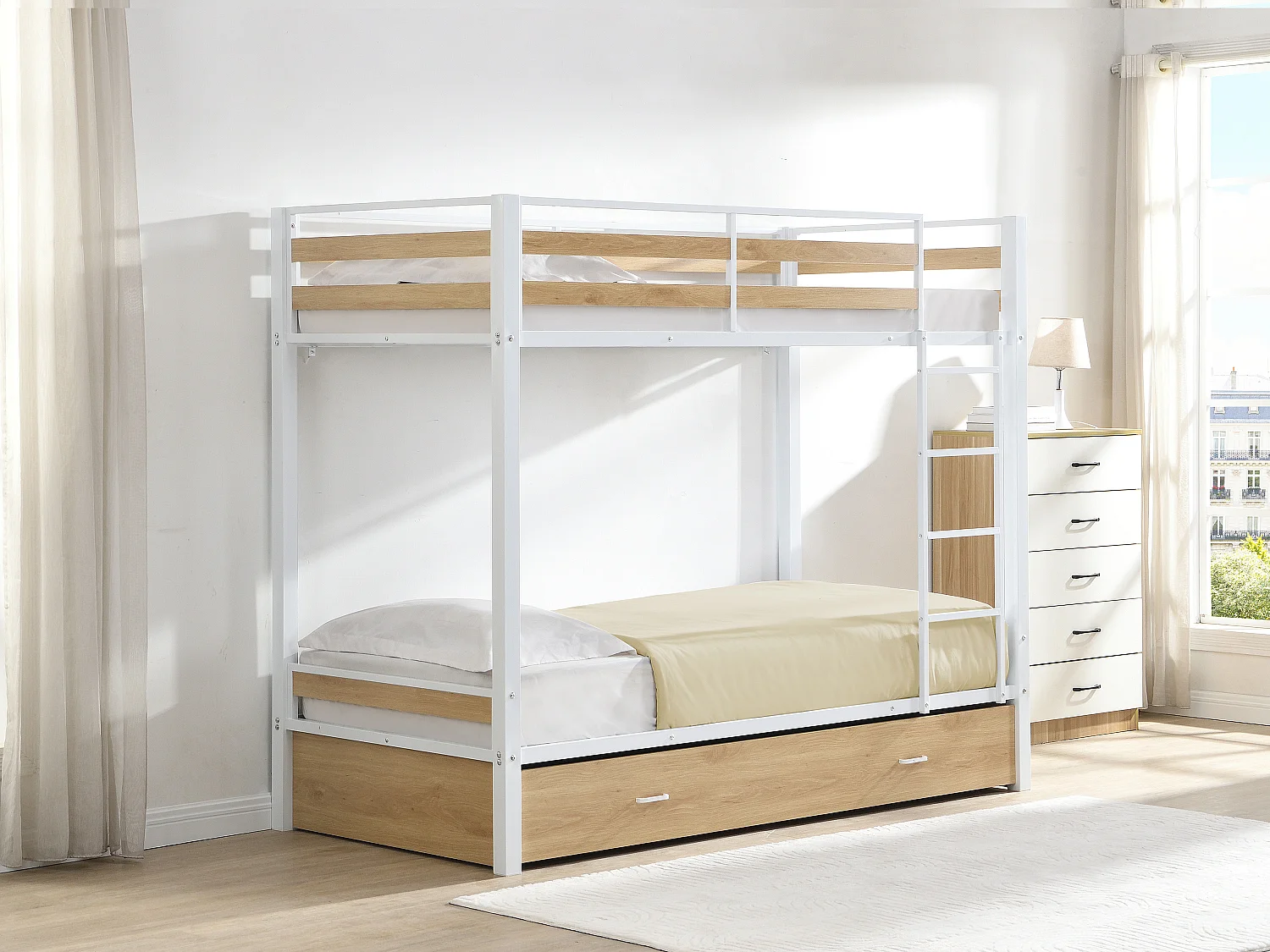 Lits superposés 2 x 90 x 190 cm - 1 tiroir - Métal et MDF - Coloris : Naturel et blanc + Matelas - CASIDIA