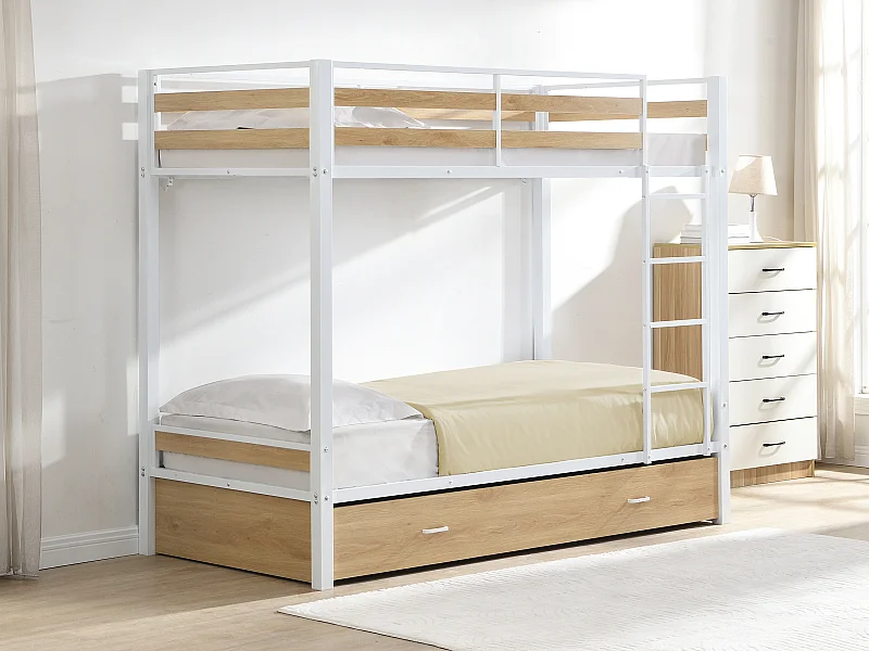 Lits superposés 2 x 90 x 190 cm - 1 tiroir - Métal et MDF - Coloris : Naturel et blanc + Matelas - CASIDIA