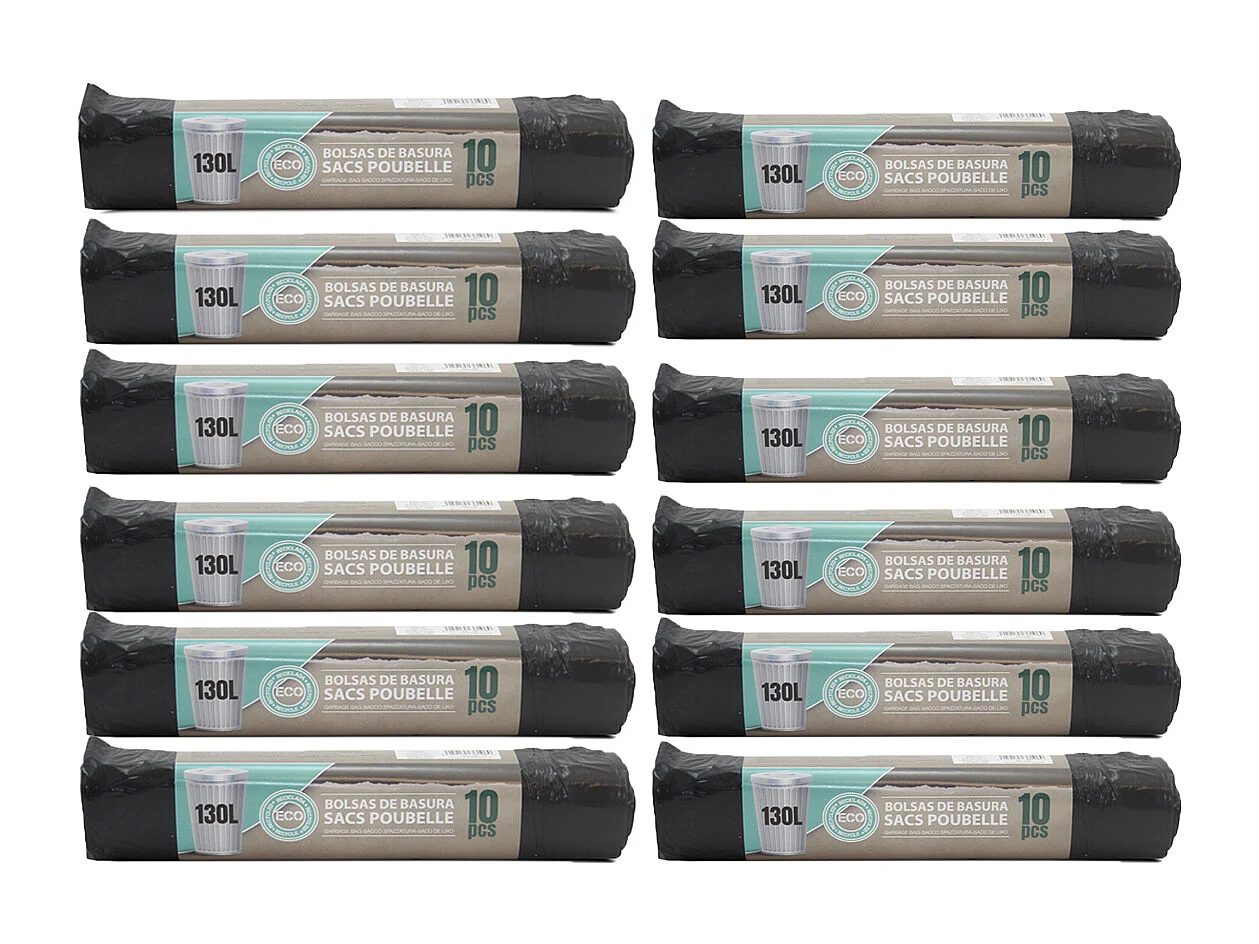 Lot de 120 sacs de 130 litres (12 rouleaux de 10 sacs) avec Liens Coulissants
