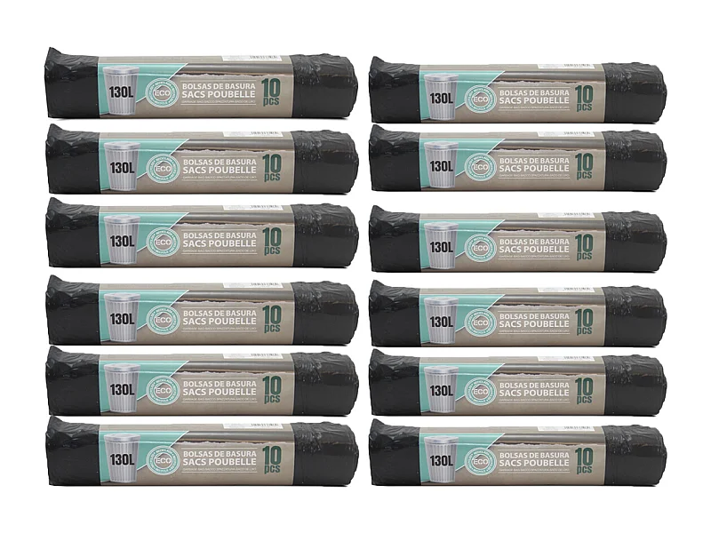 Lot de 120 sacs de 130 litres (12 rouleaux de 10 sacs) avec Liens Coulissants