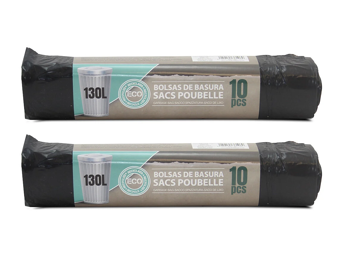 Lot de 100 sacs de 130 litres (10 rouleaux de 10 sacs) avec Liens Coulissants