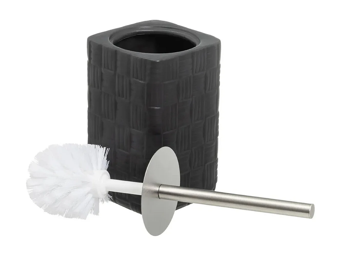 Brosse à toilettes avec poignée en acier gris et support en céramique noir - Longueur 11 x Largeur 11 x Hauteur 34 cm