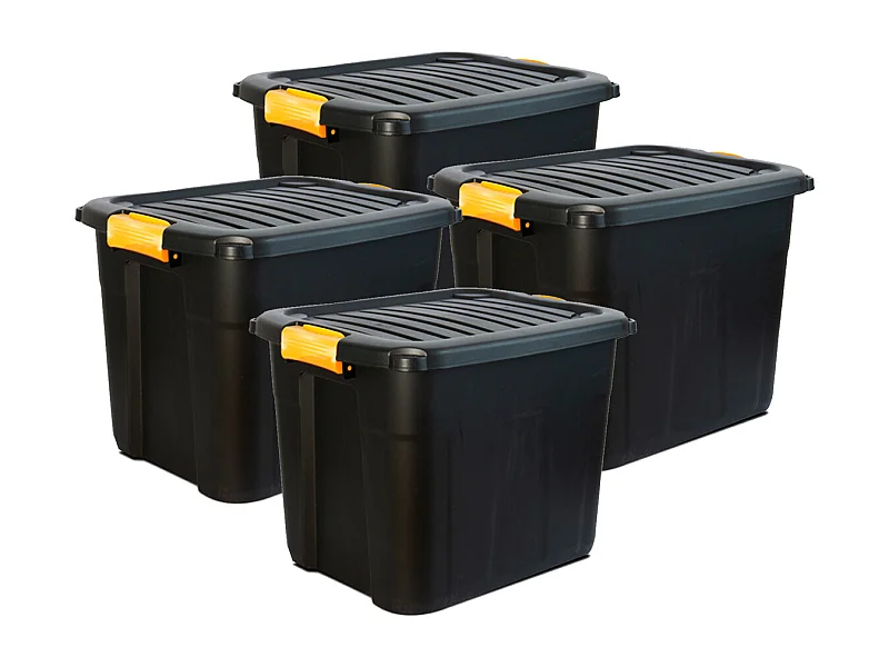 Lot de 4 boîtes de rangement en plastique noir/orange avec couvercle à clipser 60 L-Longueur 60 x Profondeur 39 x Hauteur 41 cm