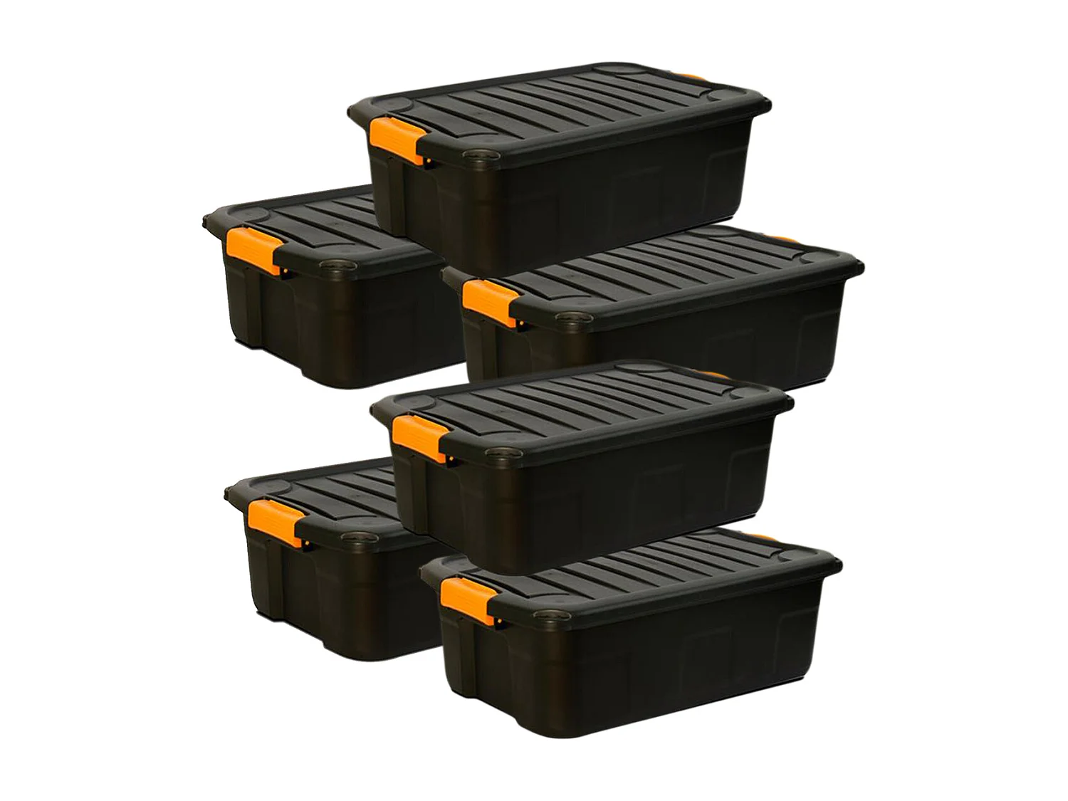 Lot de 6 boîtes de rangement en plastique noir/orange avec couvercle à clipser 30 L - Longueur 60 x Profondeur 39 x Hauteur 20 cm