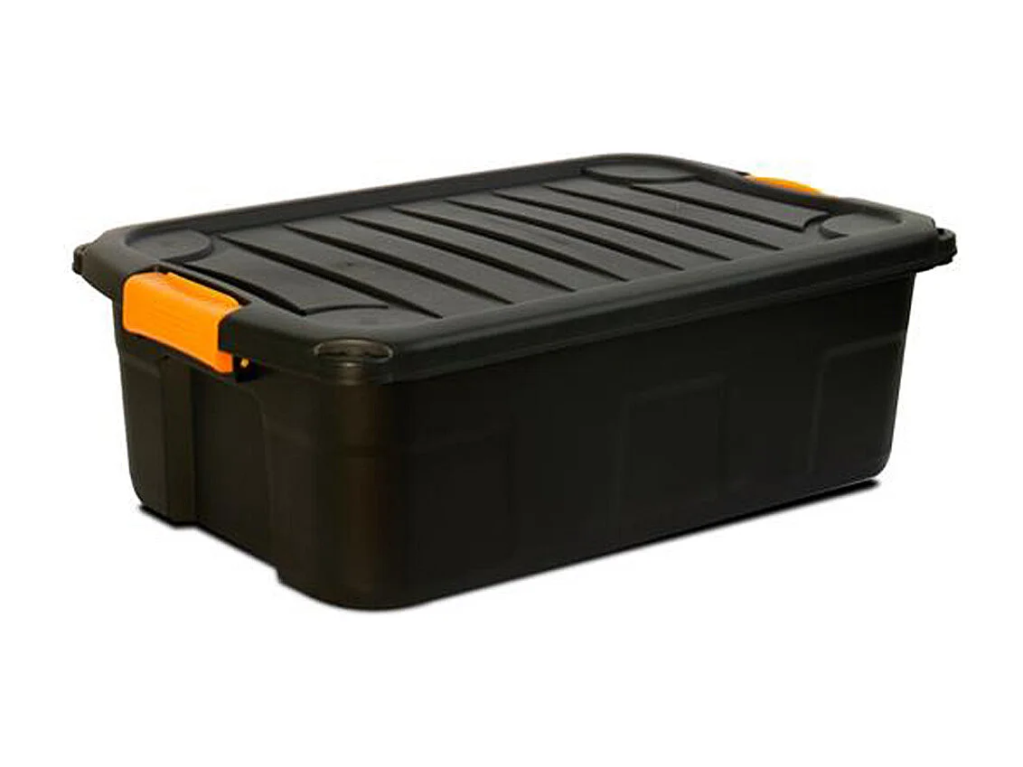 Lot de 6 boîtes de rangement en plastique noir/orange avec couvercle à clipser 30 L - Longueur 60 x Profondeur 39 x Hauteur 20 cm