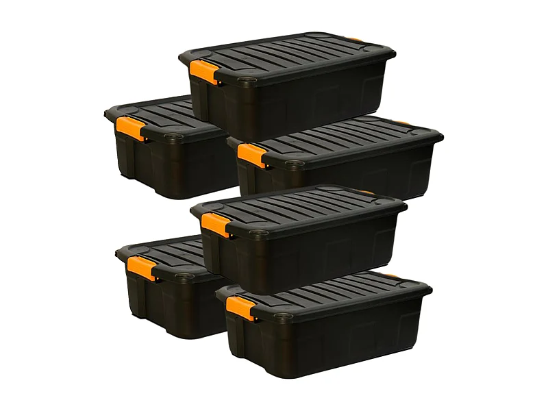 Lot de 6 boîtes de rangement en plastique noir/orange avec couvercle à clipser 30 L - Longueur 60 x Profondeur 39 x Hauteur 20 cm