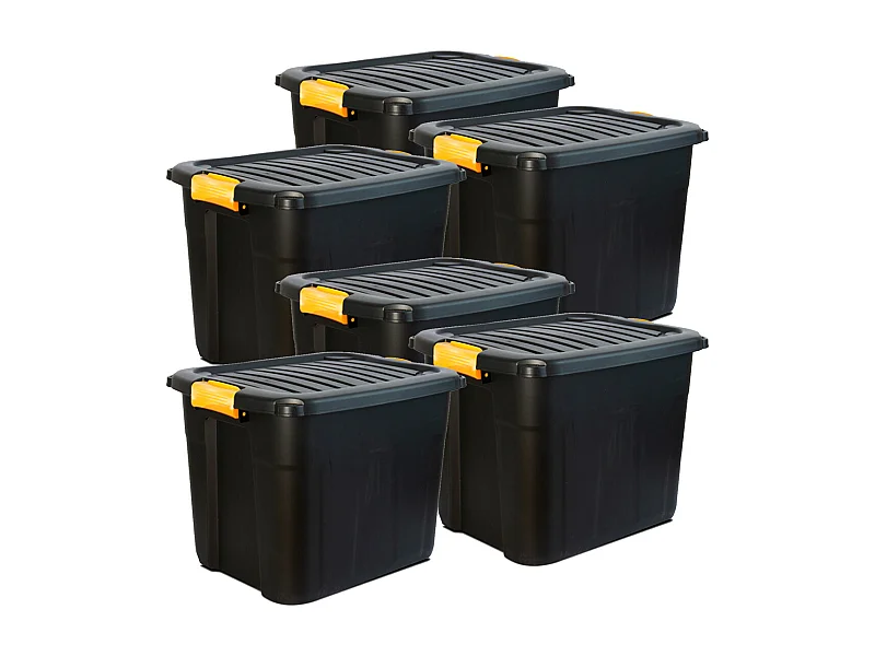 Lot de 6 boîtes de rangement en plastique noir/orange avec couvercle à clipser 60 L-Longueur 60 x Profondeur 39 x Hauteur 41 cm