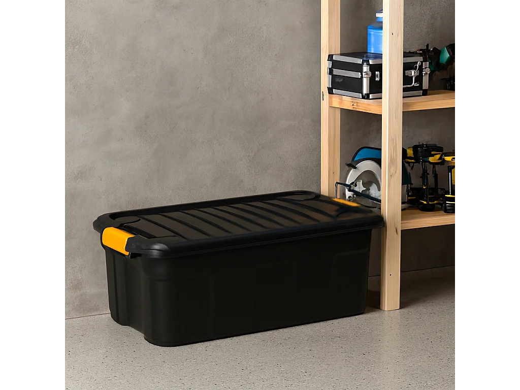 Lot de 4 boîtes de rangement en plastique noir/orange avec couvercle à clipser 30 L - Longueur 60 x Profondeur 39 x Hauteur 20 cm