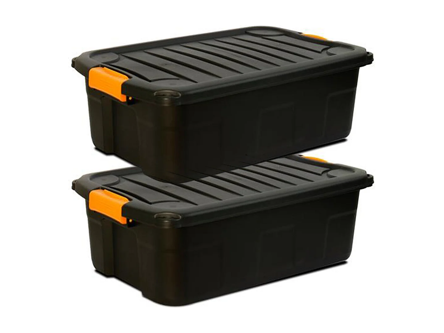 Lot de 2 boîtes de rangement en plastique noir/orange avec couvercle à clipser 30 L - Longueur 60 x Profondeur 39 x Hauteur 20 cm