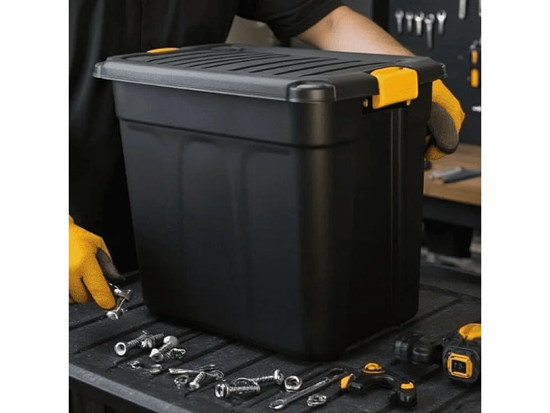 Lot de 2 boîtes de rangement en plastique noir/orange avec couvercle à clipser 60 L-Longueur 60 x Profondeur 39 x Hauteur 41 cm