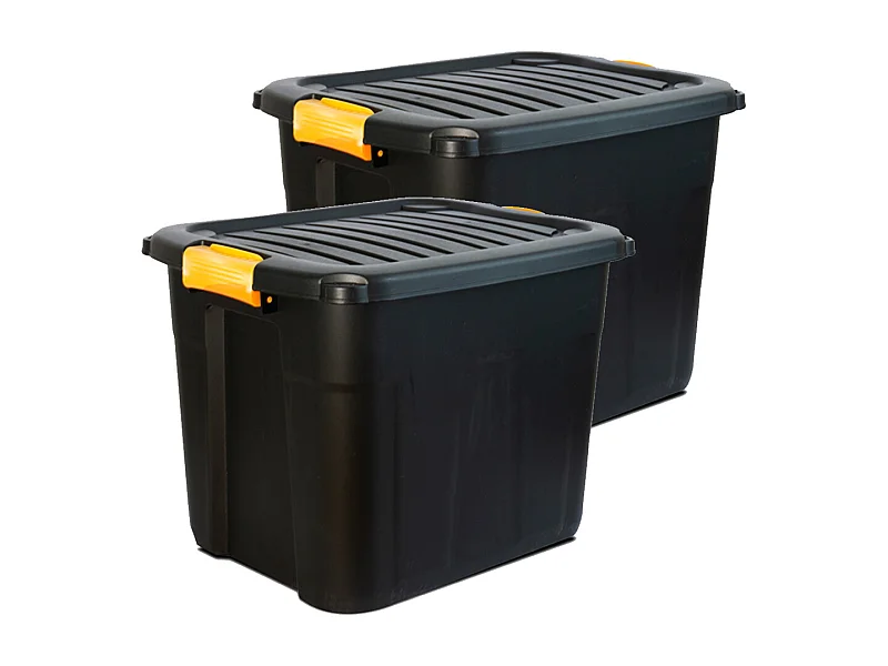 Lot de 2 boîtes de rangement en plastique noir/orange avec couvercle à clipser 60 L-Longueur 60 x Profondeur 39 x Hauteur 41 cm