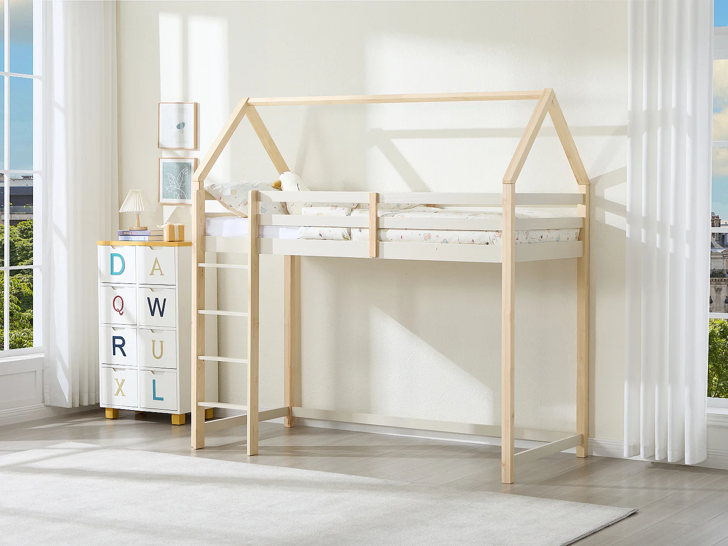 Lit mezzanine cabane 90 x 190 cm - Pin massif – Beige et naturel + Matelas - TARZIA