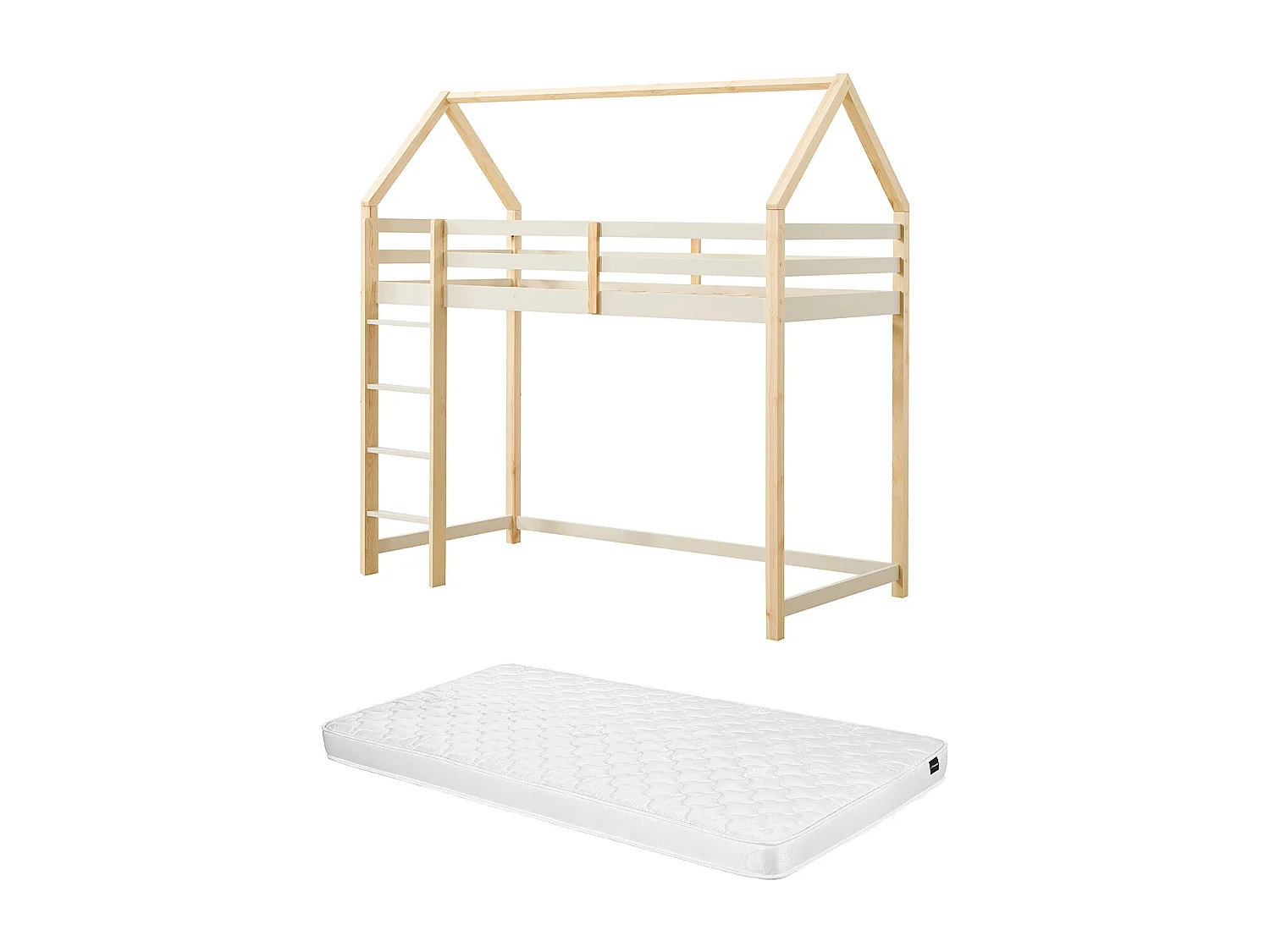 Lit mezzanine cabane 90 x 190 cm - Pin massif – Beige et naturel + Matelas - TARZIA