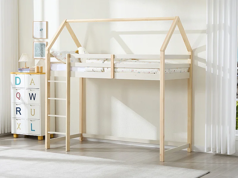 Lit mezzanine cabane 90 x 190 cm - Pin massif – Beige et naturel + Matelas - TARZIA