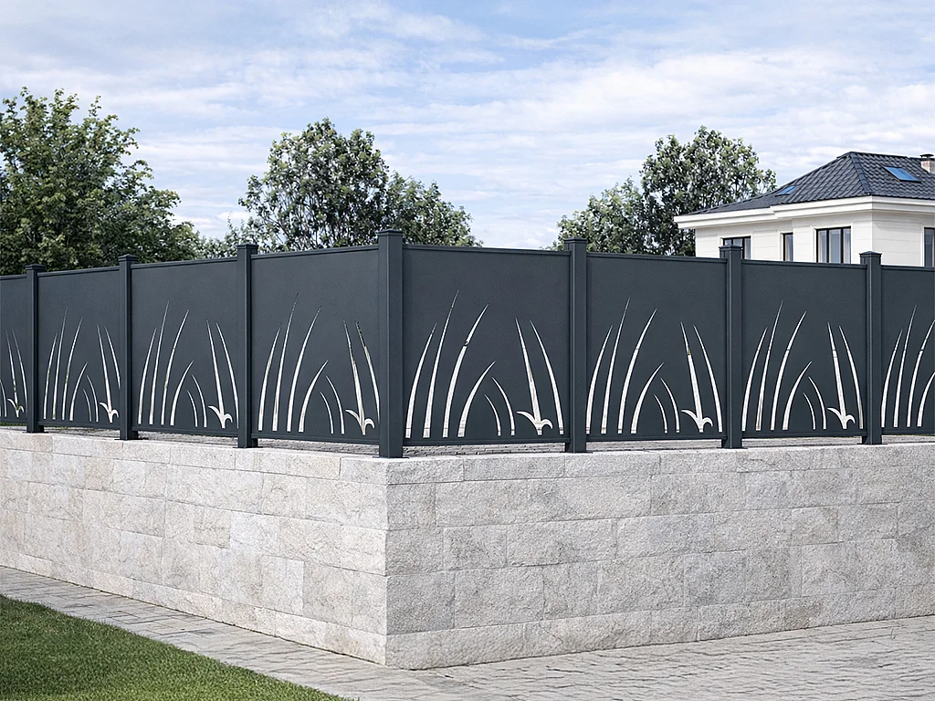 Clôture à poser en aluminium à motif végétal en découpe laser - Kit de départ - H114 x L118 cm - Anthracite - BRAMENO