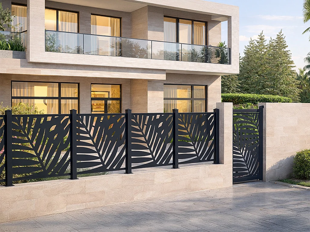 Aluminium schutting met uitgesneden tropisch motief - Starterset - H114 x B118 cm - Antraciet - TOGIRO